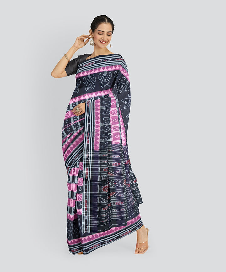 Navy Blue Dark Red Cotton Handloom Nuapatna Saree
