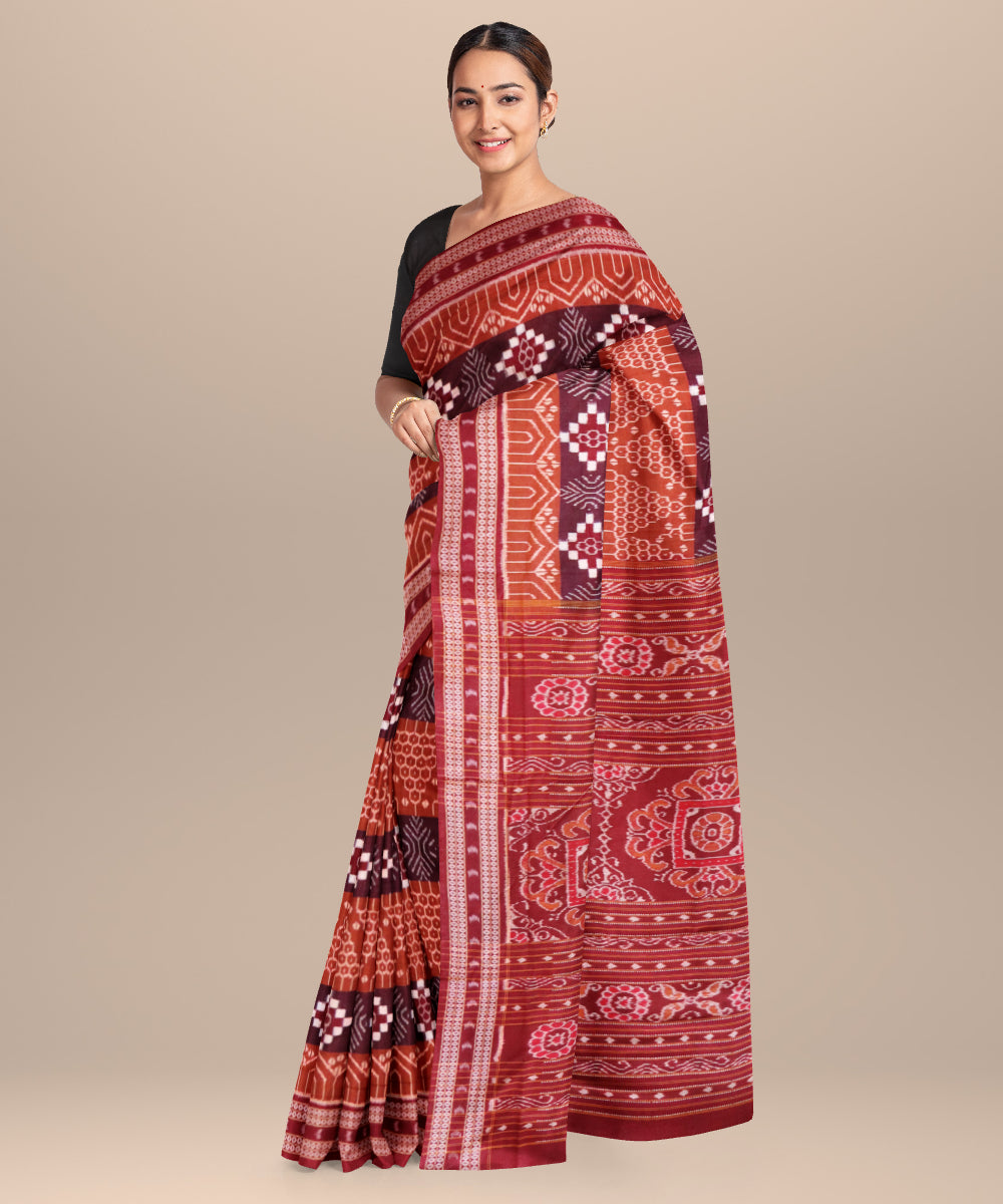Multicolor falu red cotton handloom sambalpuri saree