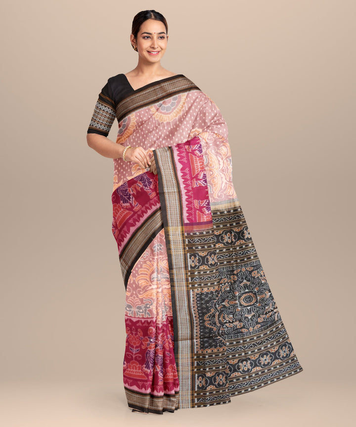 Beige black cotton handloom sambalpuri saree