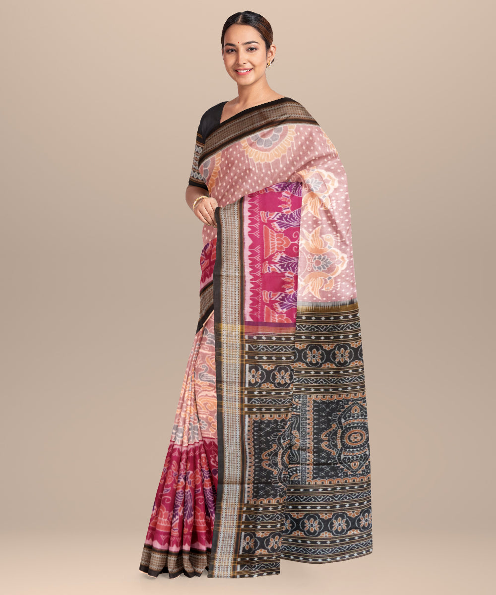 Beige black cotton handloom sambalpuri saree