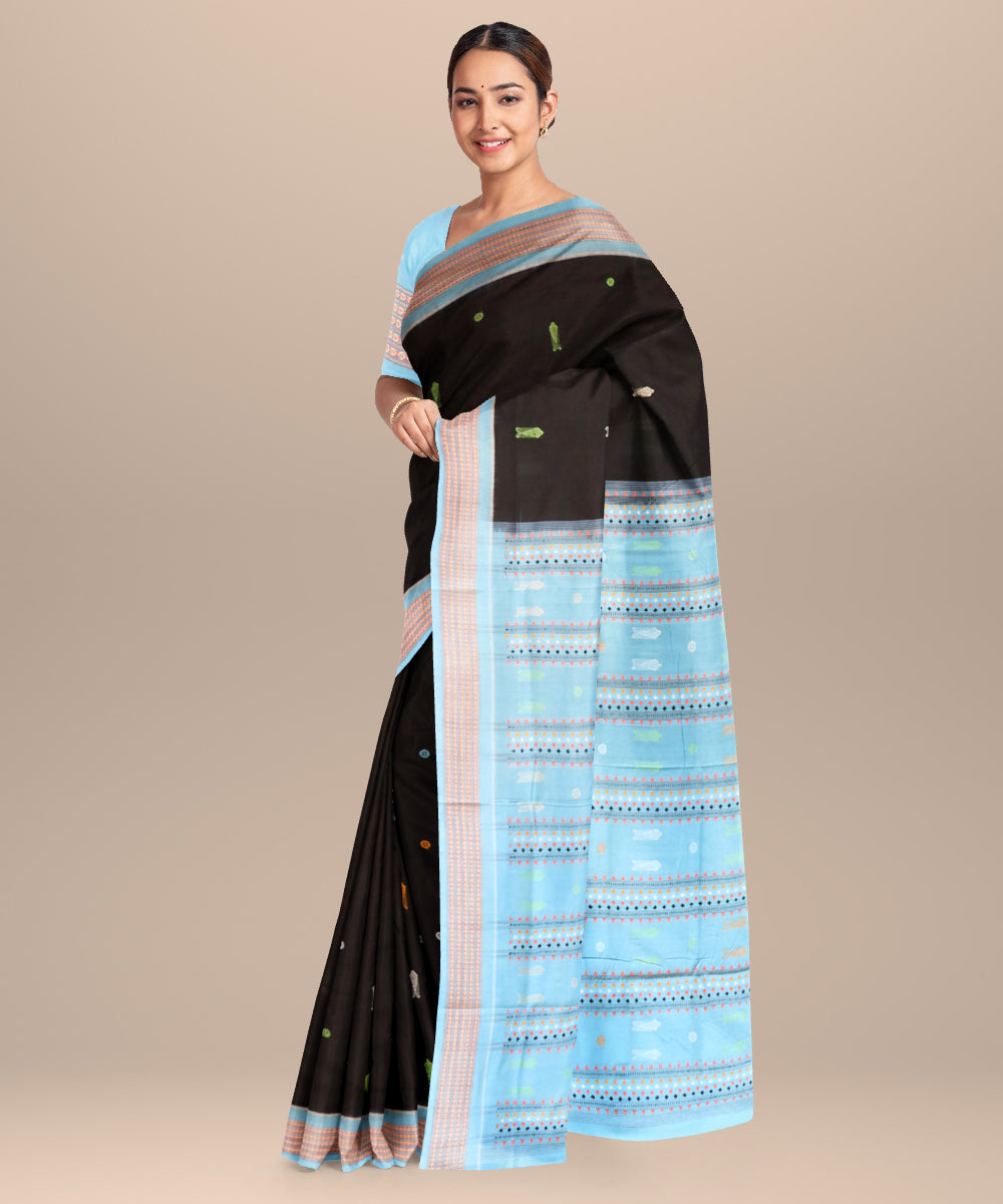 Black cyan process cotton handloom sambalpuri saree