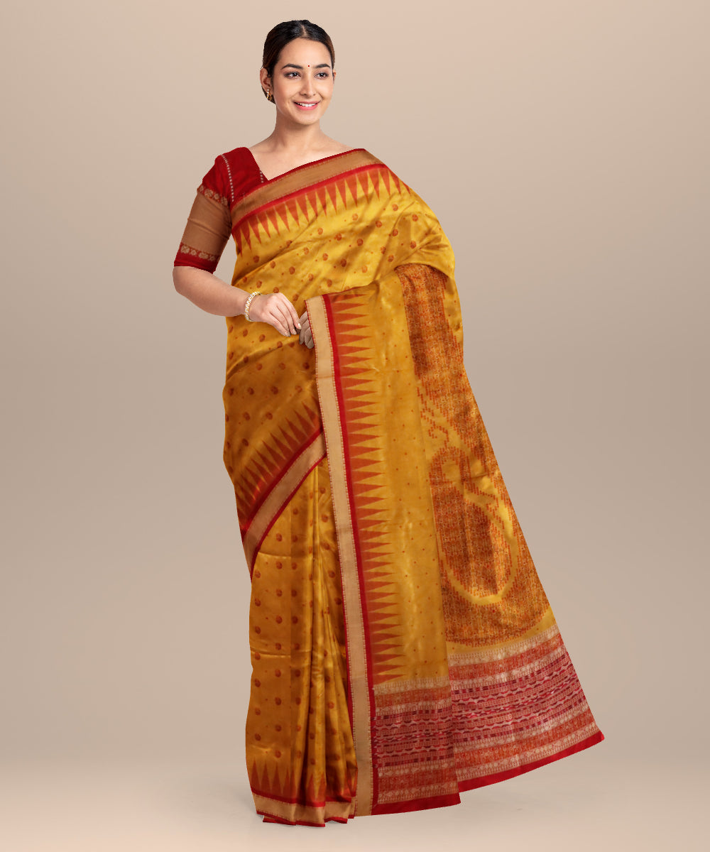 Fluorescent orange maroon silk handloom sonepur saree