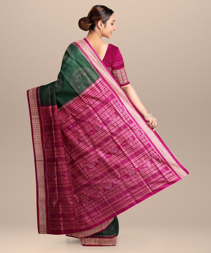 Teal green deep cerise silk handloom sambalpuri saree