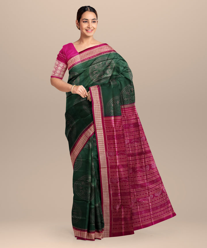 Teal green deep cerise silk handloom sambalpuri saree