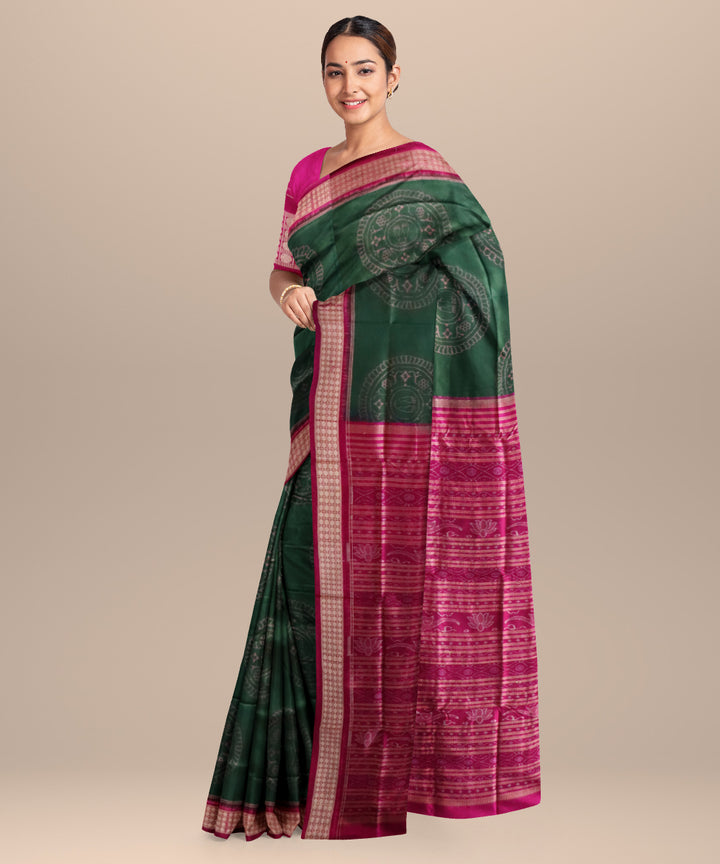 Teal green deep cerise silk handloom sambalpuri saree