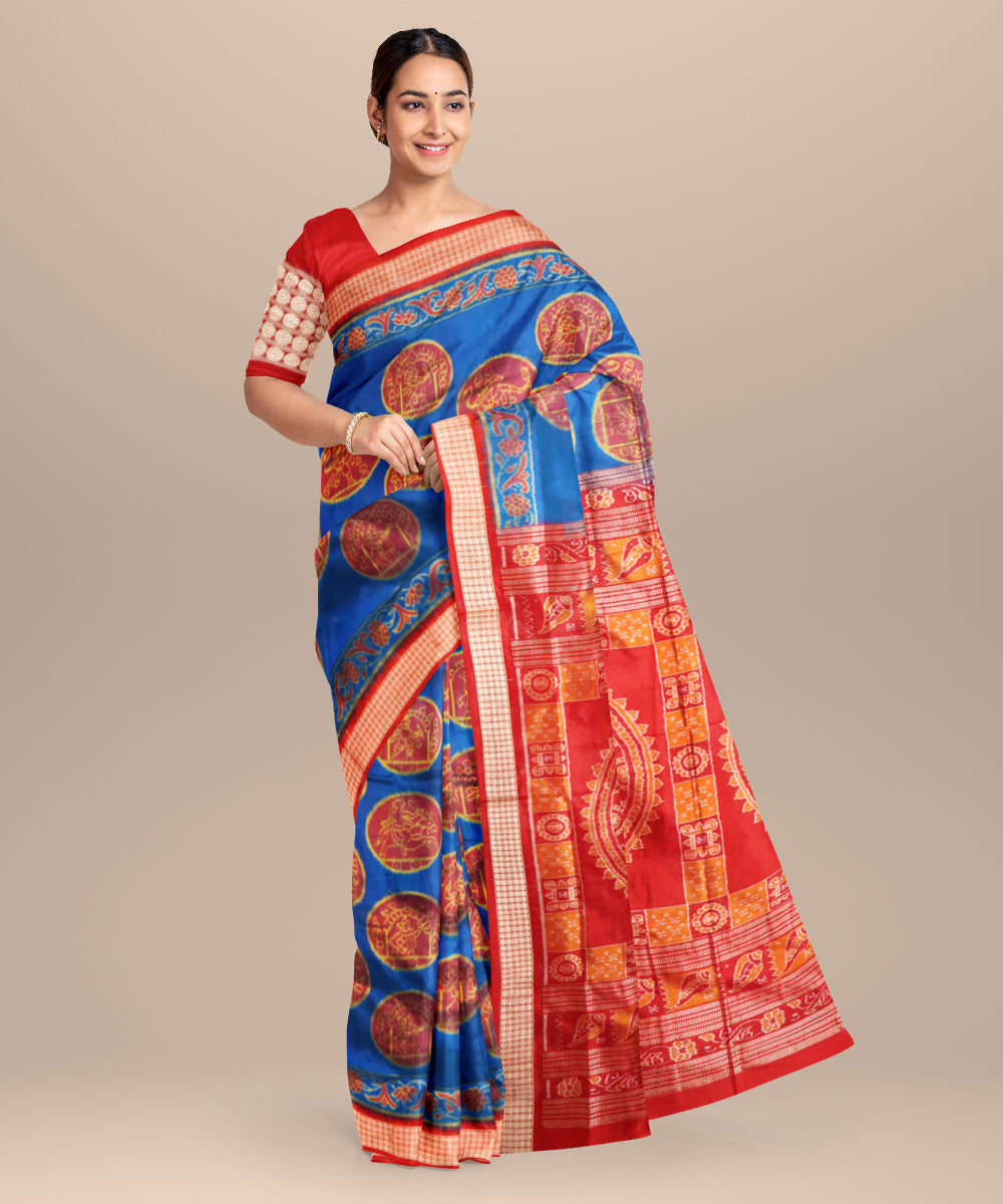 Electric ultramarine dark red silk handloom sambalpuri saree