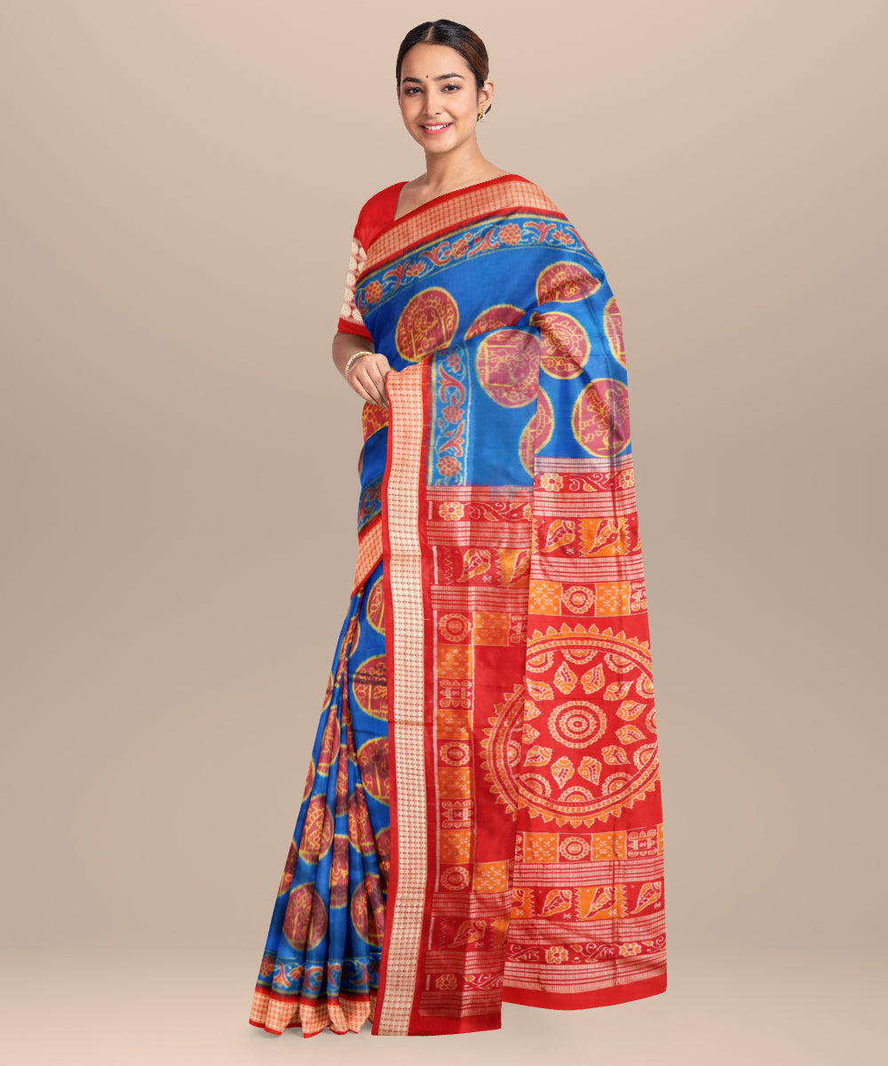 Electric ultramarine dark red silk handloom sambalpuri saree