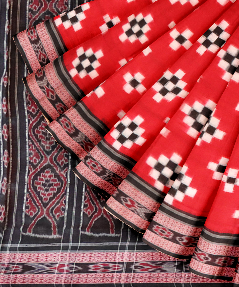 Dark red black handloom cotton sambalpuri saree