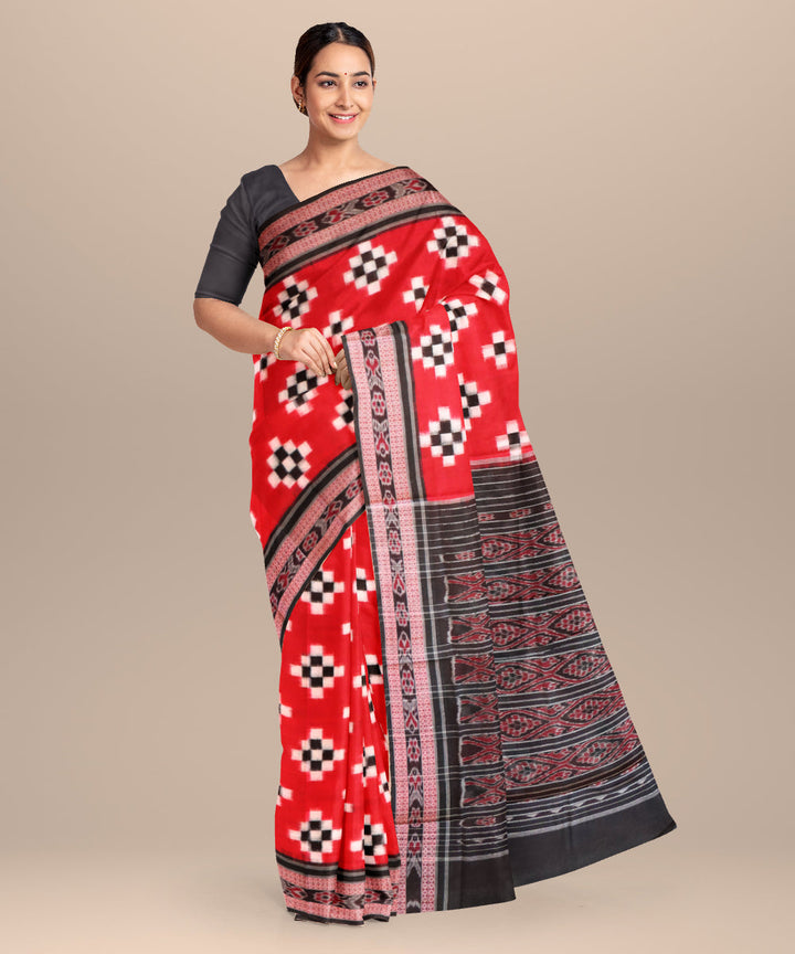 Dark red black handloom cotton sambalpuri saree