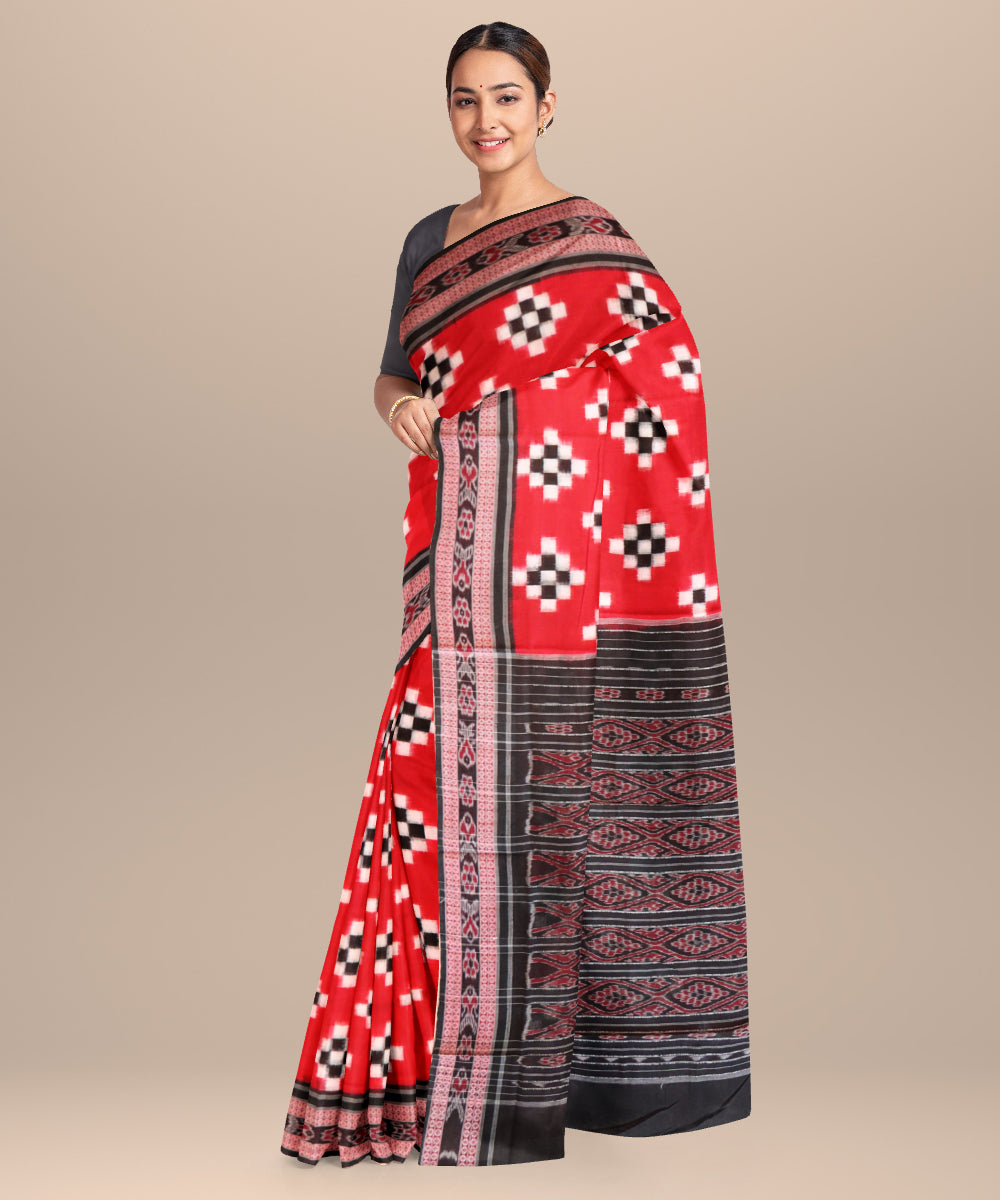 Dark red black handloom cotton sambalpuri saree