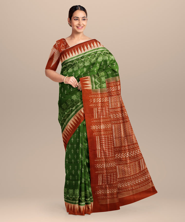 Dark olive green pastel red silk handloom sambalpuri saree
