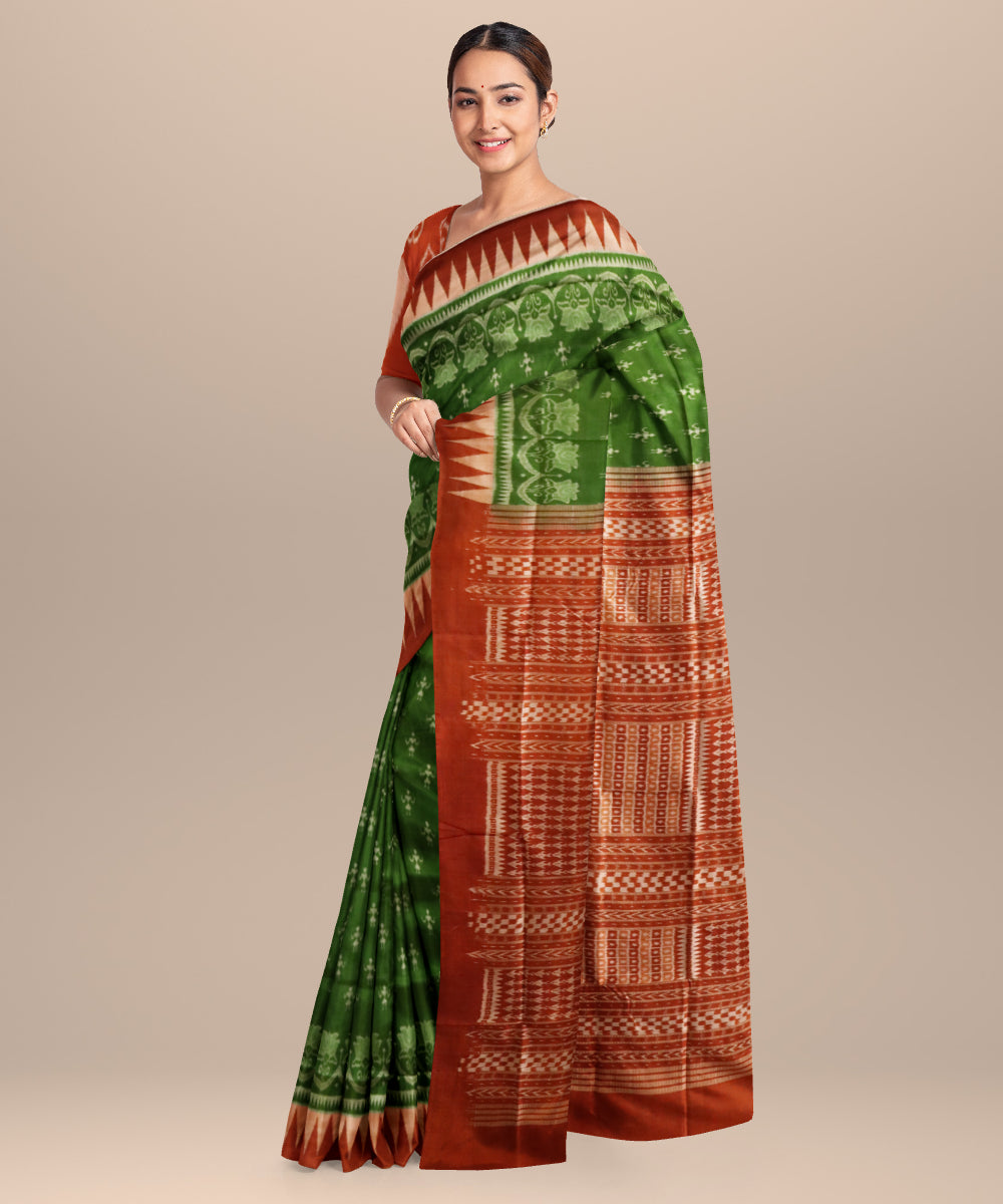 Dark olive green pastel red silk handloom sambalpuri saree