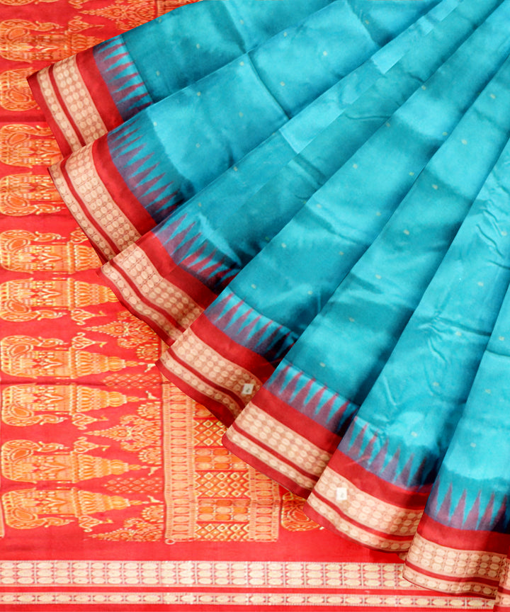 Cyan blue dark red silk handloom bomkai saree