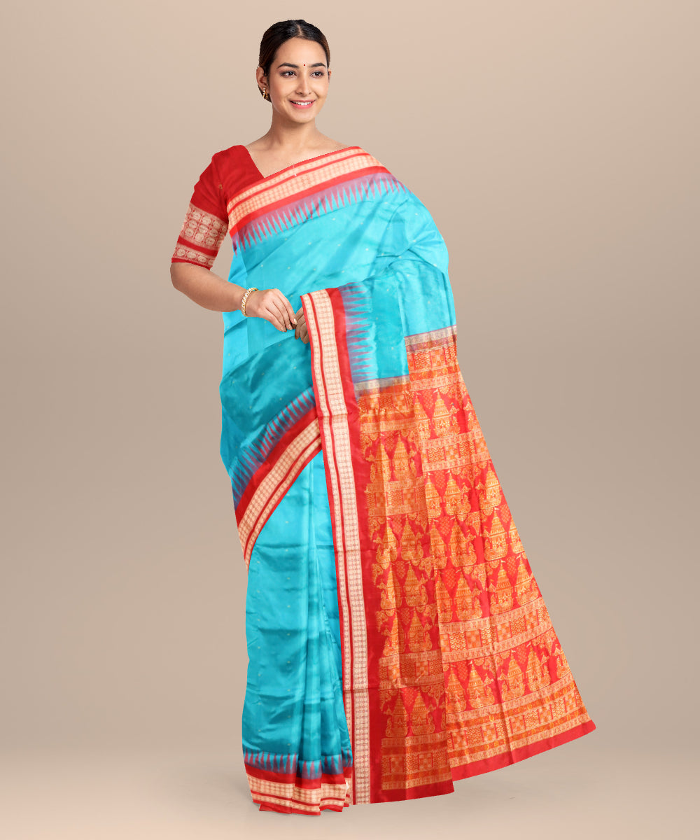 Cyan blue dark red silk handloom bomkai saree