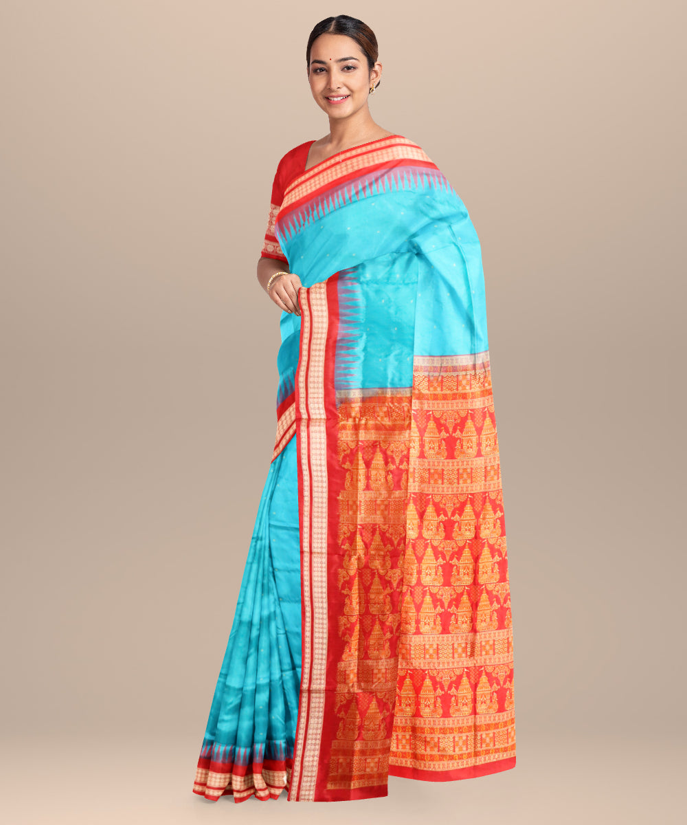 Cyan blue dark red silk handloom bomkai saree