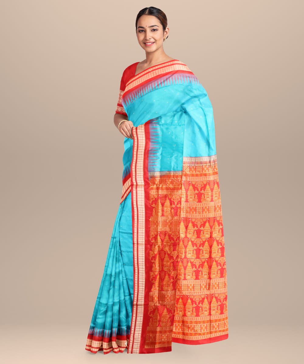 Cyan blue dark red silk handloom bomkai saree