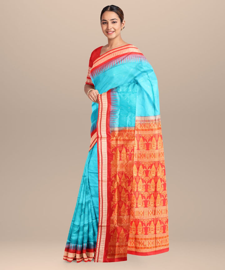 Cyan blue dark red silk handloom bomkai saree
