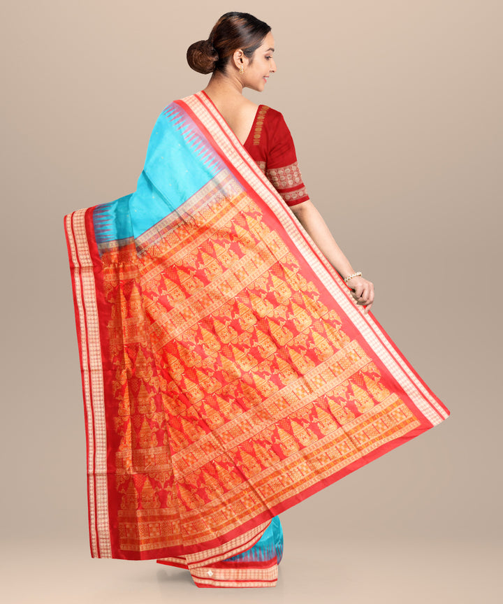 Cyan blue dark red silk handloom bomkai saree