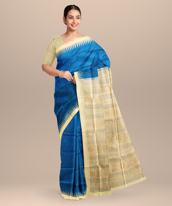 Brandeis blue cream silk handloom bomkai saree