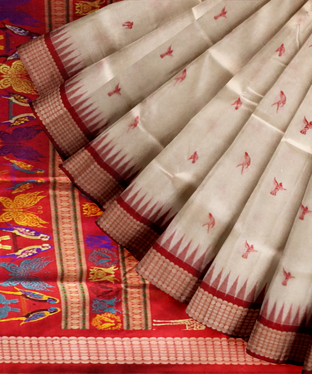 White dark red silk handloom bomkai saree