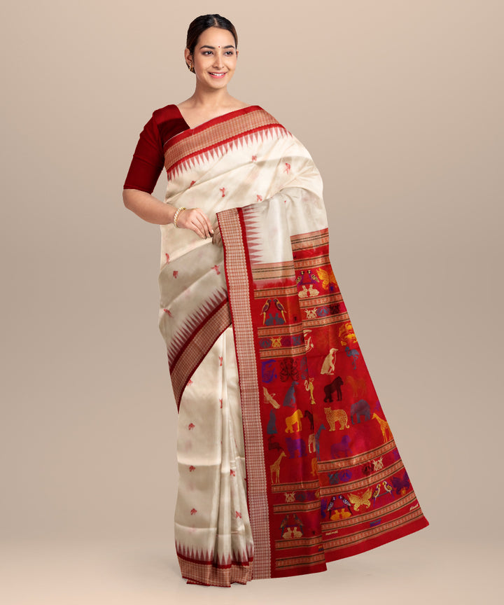 White dark red silk handloom bomkai saree