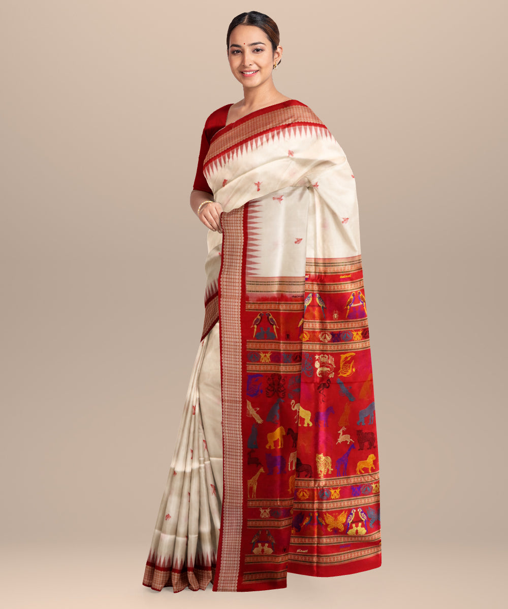 White dark red silk handloom bomkai saree