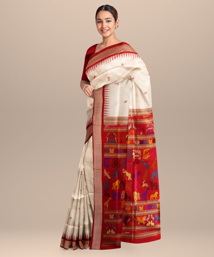 White dark red silk handloom bomkai saree