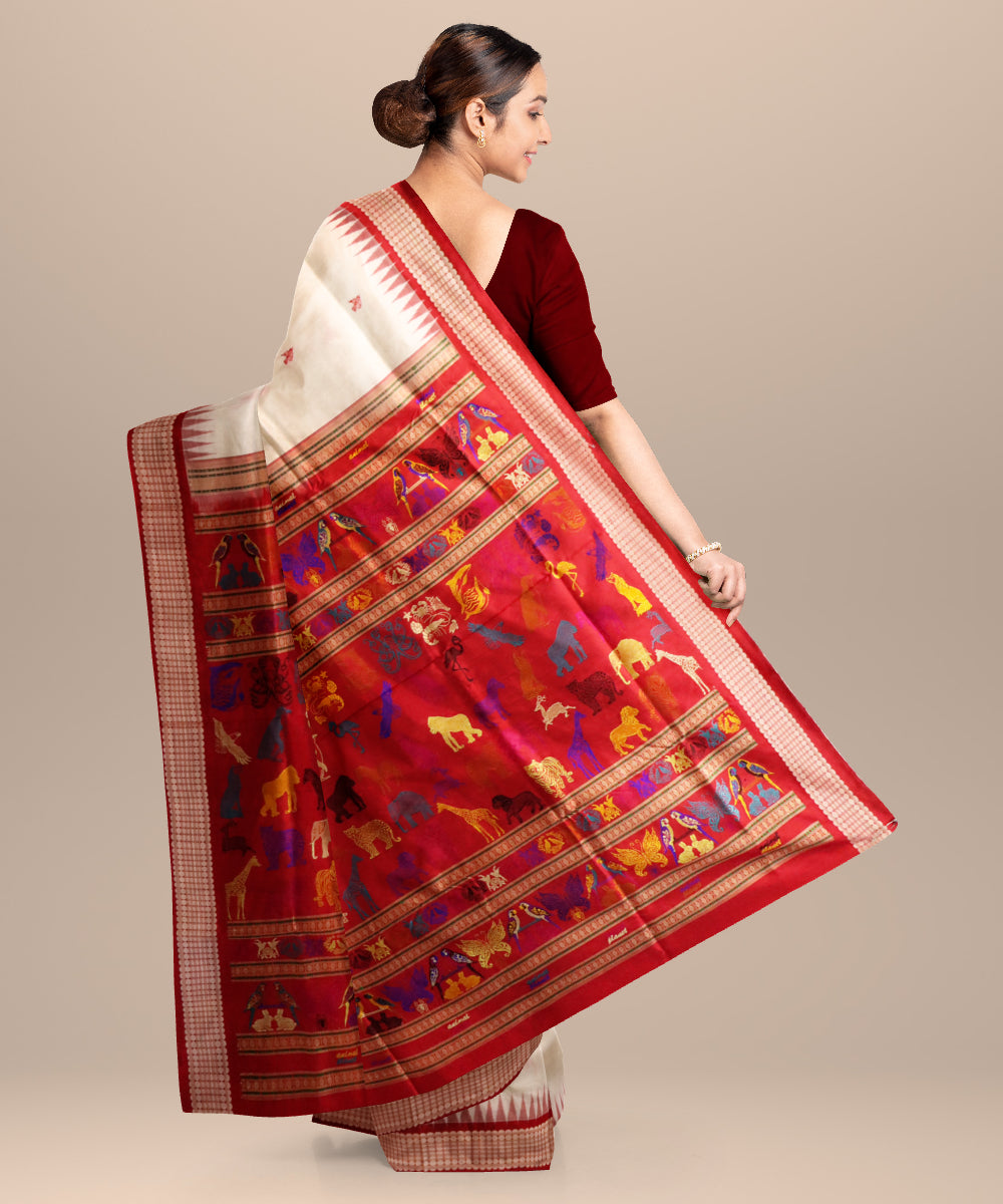 White dark red silk handloom bomkai saree