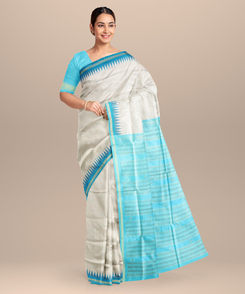 Azureish white azure silk handloom bomkai saree