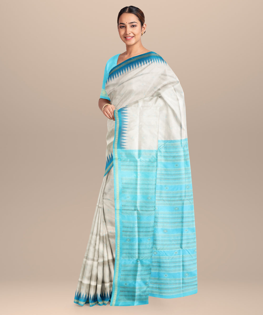 Azureish white azure silk handloom bomkai saree