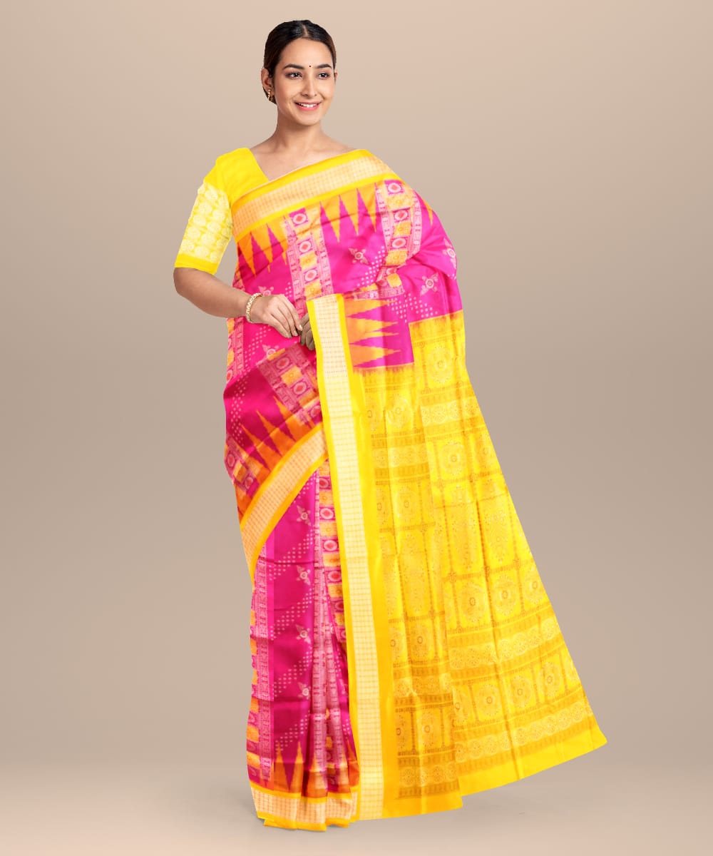 Radiant Pink With Chrome Yellow exquisite handloom Bomkai Silk Saree