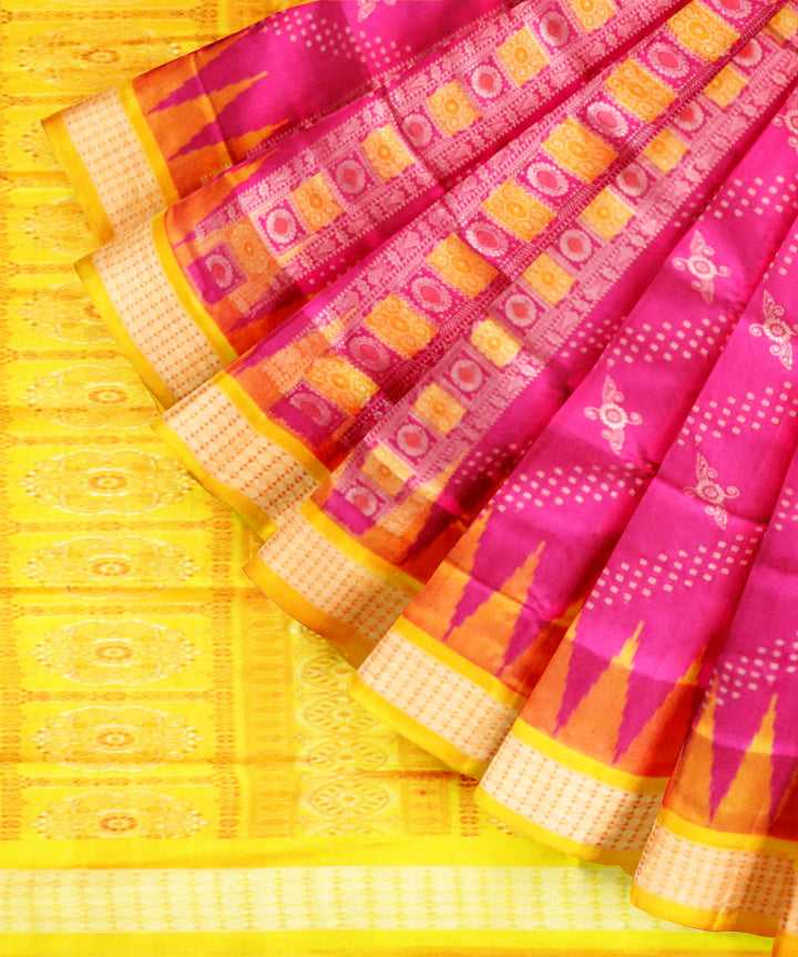 Fluorescent pink fluorescent orange silk handloom bomkai saree