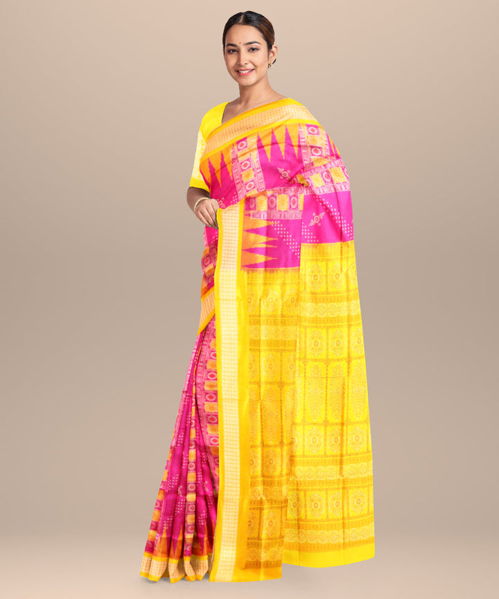 Fluorescent pink fluorescent orange silk handloom bomkai saree