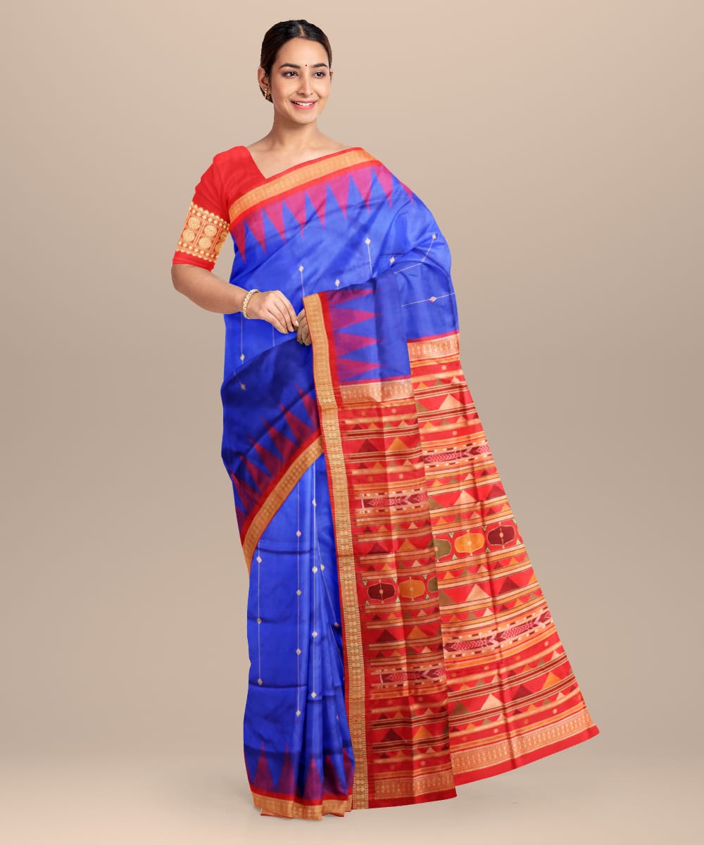 Sky Blue Dark Red Silk Handloom Bomkai Saree