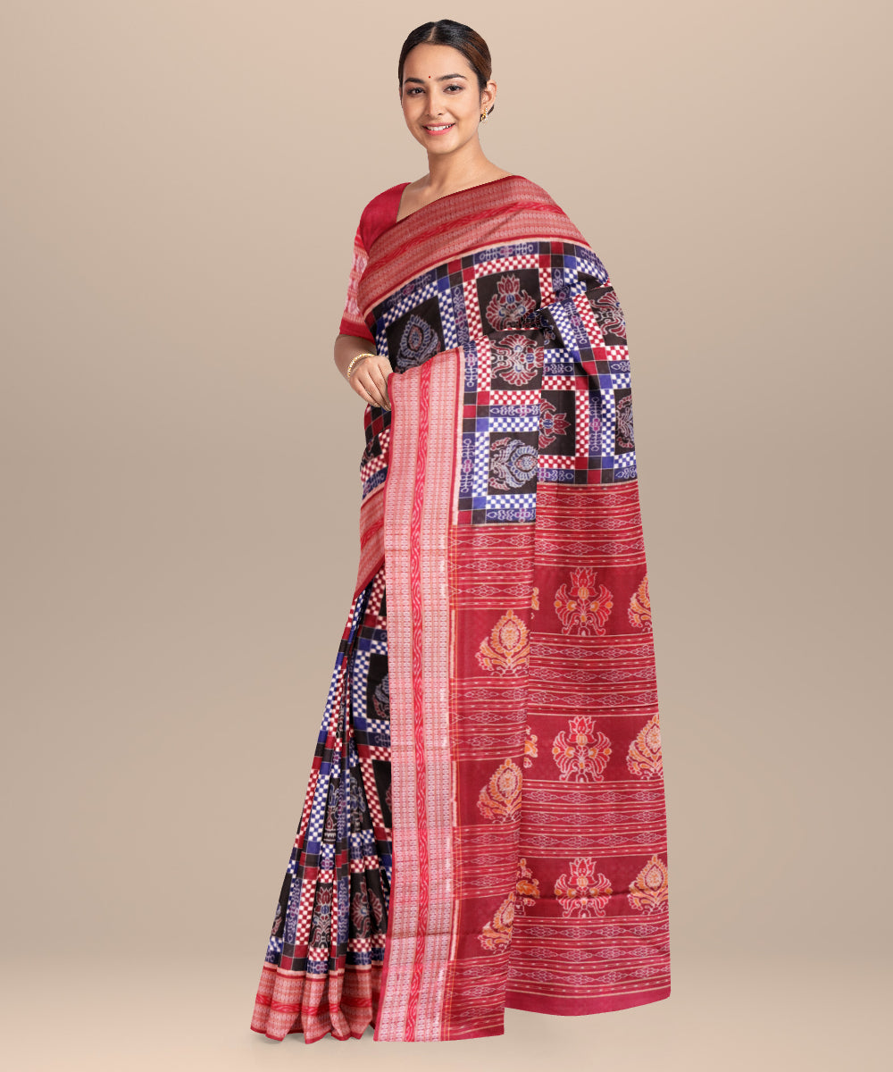 Multicolor dark red handloom sambalpuri cotton saree