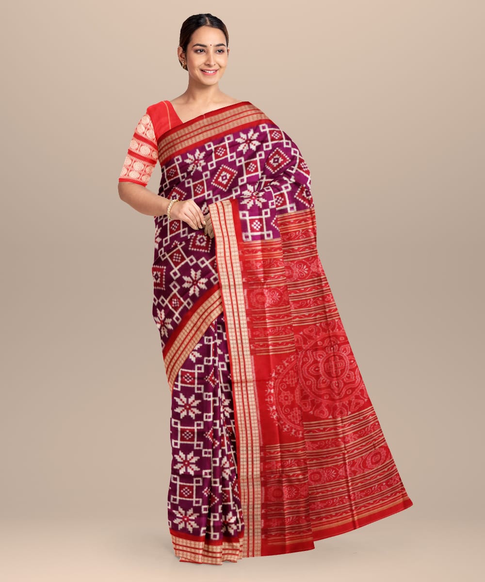 Bluebonnet Dark Red Silk Handloom Sambalpuri Saree