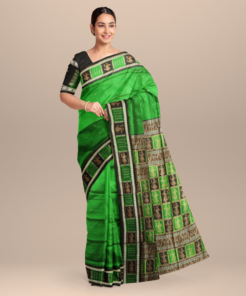Dark green black silk handloom bomkai saree