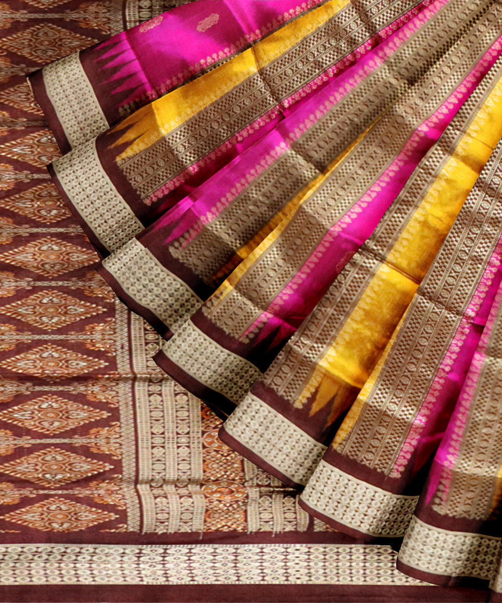 Fluorescent orange bulgarian rose silk handloom bomkai saree