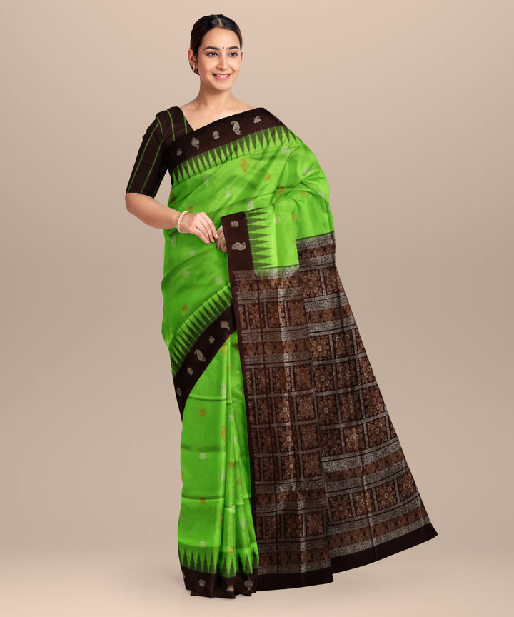 French lime black silk handloom bomkai saree