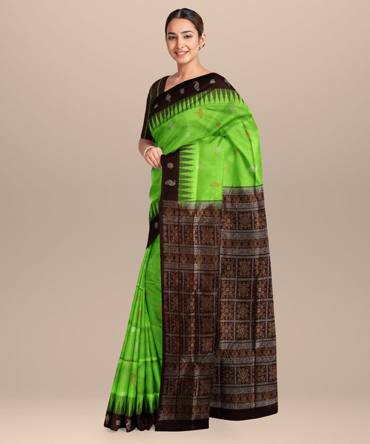 French lime black silk handloom bomkai saree