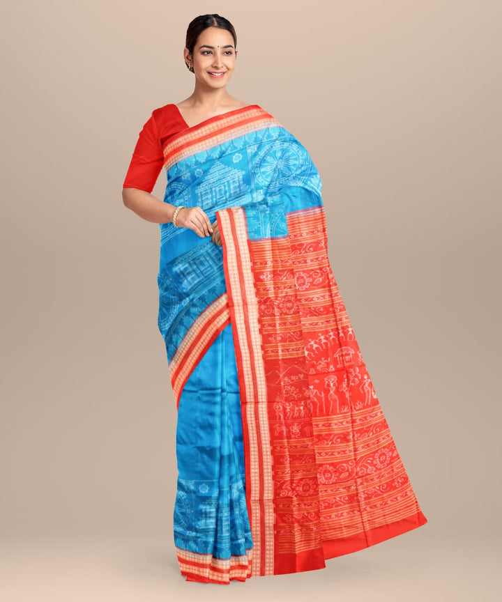 Sky Blue Dark Red Silk Handloom Sambalpuri Saree