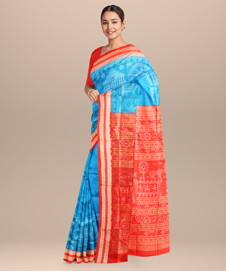 Sky blue dark red silk handloom sambalpuri saree