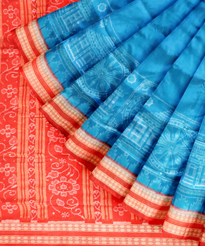 Sky blue dark red silk handloom sambalpuri saree
