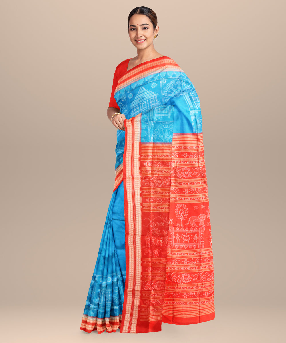 Sky blue dark red silk handloom sambalpuri saree