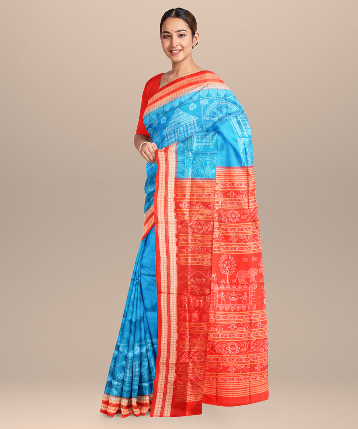 Sky blue dark red silk handloom sambalpuri saree