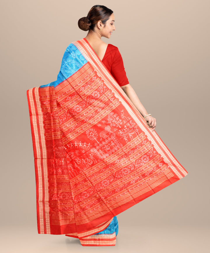 Sky blue dark red silk handloom sambalpuri saree
