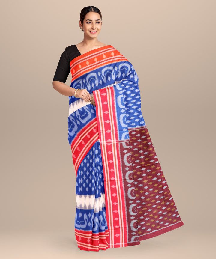 Dark powder blue dark red cotton handloom nuapatna saree