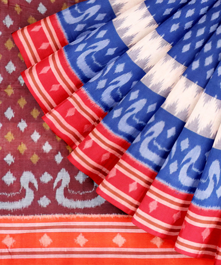 Dark powder blue dark red cotton handloom nuapatna saree