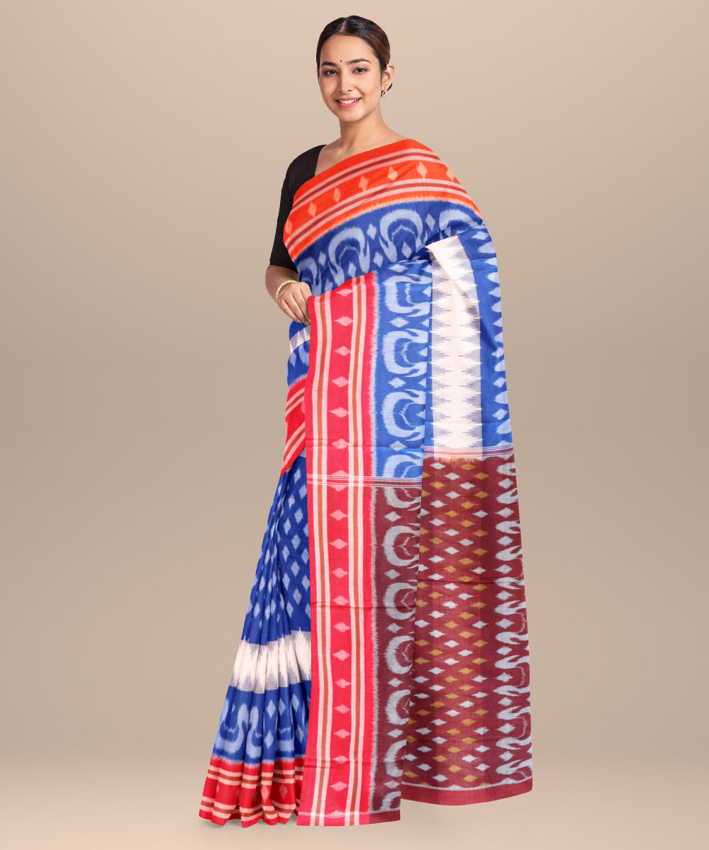 Dark powder blue dark red cotton handloom nuapatna saree