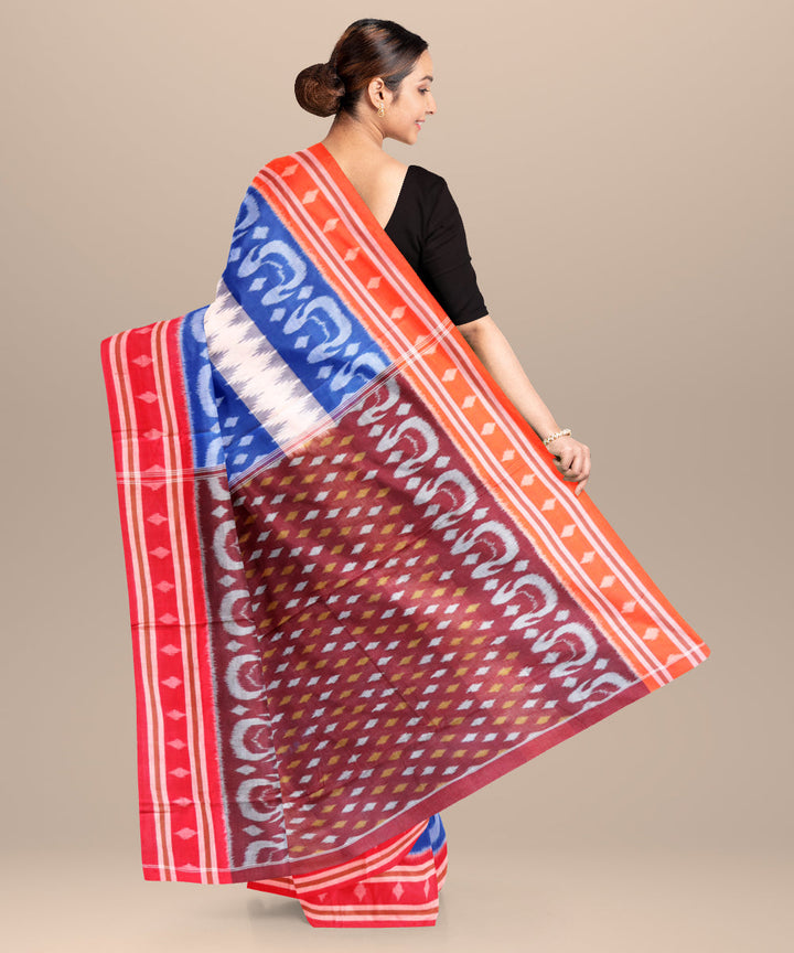 Dark powder blue dark red cotton handloom nuapatna saree